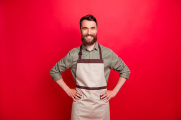Portrait of his he nice attractive cheerful cheery content bearded guy industrial factory owner...
