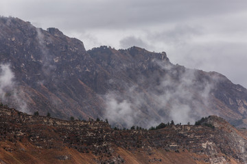Photo of mountains with trees, smoke, gray sky