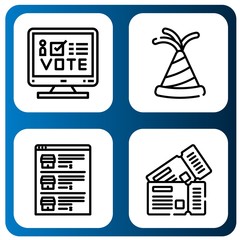 Set of paper icons such as Online voting, Party hat, List, Tickets , paper