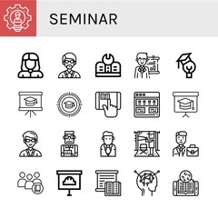 Set of seminar icons such as Leader, Teacher, Instructor, Education, Presentation, Elearning, Tutorial, Blackboard, Student, Businessman, Director, Studying, Learning , seminar