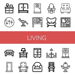 Set of living icons such as Bedside table, Equalizer, Wardrobe, Chair, Door, Dressing table, Armchair, Sofa, Night stand, Closet, Dining table, Entrance , living