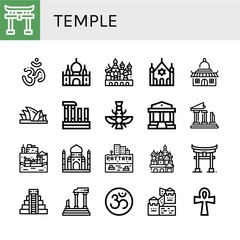 Fototapeta premium Set of temple icons such as Shinto, Om, Taj mahal, Cathedral of saint basil, Synagogue, Temple, Sydney opera house, Evora, Faravahar, Parthenon, Ruins, Floating market , temple