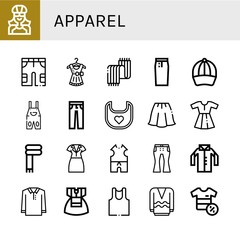 Set of apparel icons such as Biker, Shorts, Dress, Scarf, Pencil skirt, Baseball cap, Overall, Jeans, Bib, Skirt, Clothes, Shirt, Polo shirt, Undershirt, Long sleeve , apparel