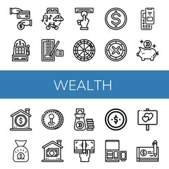 Set of wealth icons such as Cash back, Slot machine, Economy, Sign, Atm, Roulette, Budget, Pay, Piggy bank, Coin, Money bag, Money, Cash, Nuggets, Cheque , wealth