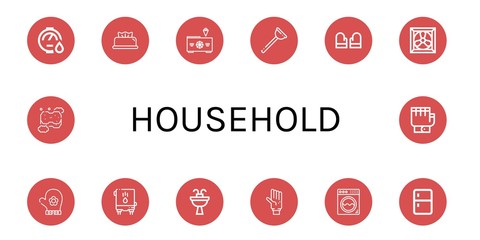 Set of household icons such as Water heater, Wipes, Freezer, Plunger, Gloves, Cooling system, Hand glove, Sink, Glove, Washing machine, Fridge, Sponge , household