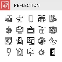 Set of reflection icons such as Video, Elevator, Sign, Mirror, Cable car, Disco ball, Responsive, Musical notes, Swan, Hand mirror, Full length mirror, ball , reflection