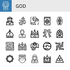 Set of god icons such as Sarcophagus, Jesus, Om, Bible, Atlas, Mummy, Vatican, Priest, Church, Mosh, Stained glass window, Egypt, Ganesha, Neptune, Swastika, Crown of thorns , god
