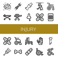 Set of injury icons such as Collision, Stretcher, Joint, Nose bleeding, Injury, Band aid, Wheelchair, Gauze, Crutch, Bone, Hospital bed, Spinal board, Plastered arm, Disabled , injury