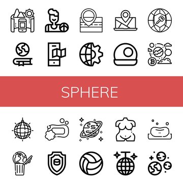 Set of sphere icons such as Panorama, Geography, Basketball, Map, Global, Crystal ball, Mirror ball, World, Soap, Emblem, Uranus, Beach ball, Venus, Disco Planets , sphere