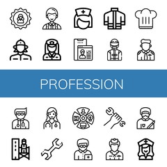 Set of profession icons such as User, Firewoman, Officer, Policewoman, Nurse, Firefighter uniform, Driver, Chef hat, Pilot, Doctor, Supervisor, Wrench, Role, Office worker , profession