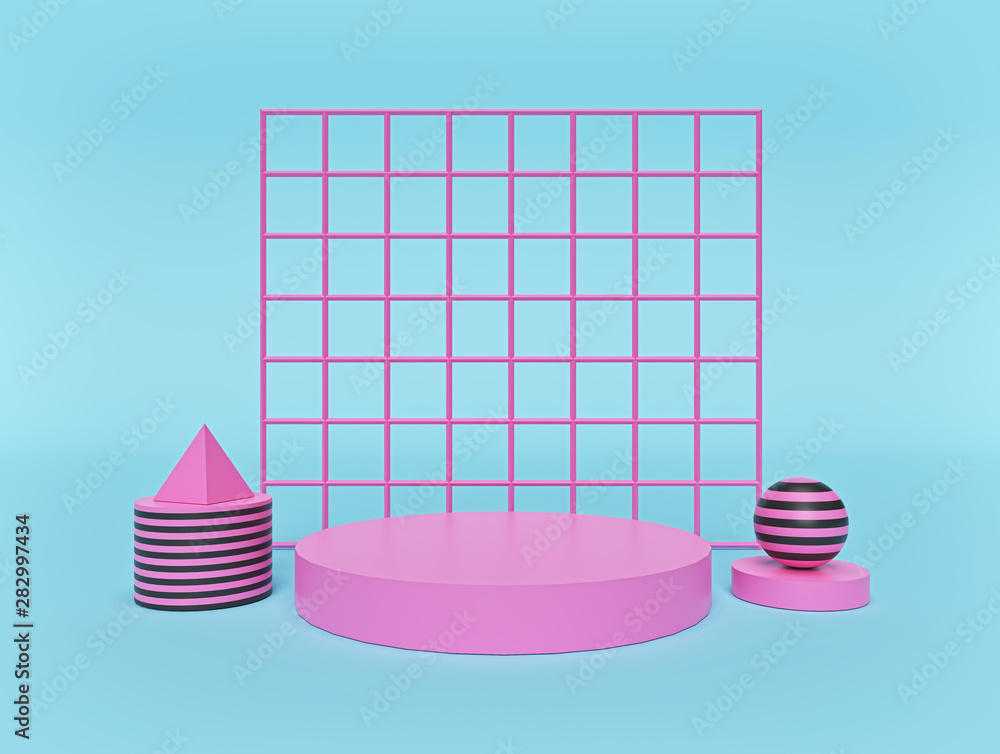 Poster abstract geometric shapes background with podium. modern minimal style. pastel colors. 3d rendering