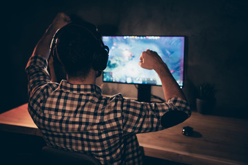 Close up back rear behind view photo he him his guy videogame talk headset microphone strategy...