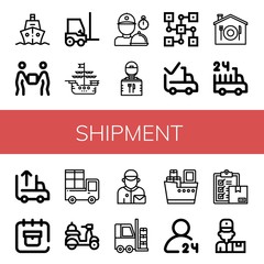 Set of shipment icons such as Ship, Delivery, Forklift, Delivery man, Delivery guy, Distributed, Delivered, Home hours Unloading, date , shipment
