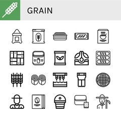 Set of grain icons such as Wheat, Sack, Flour, Bread, Corn, Parquet, Seed bag, Seed, Bun, Seeder, Planter, Beans, Farmer, Coffee beans, Fertilizer , grain