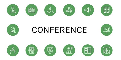 Set of conference icons such as Politician, Id card, Organization, Speaker, Table, Speakers, Class, Meeting, Employee, Presentation , conference