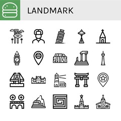 Set of landmark icons such as Bola de berlim, Las vegas, Russian, Leaning tower of pisa, Space needle, Church, Clock tower, Russia, Stonehenge, Parthenon, Berlin, Bridge , landmark