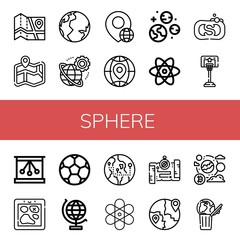 Set of sphere icons such as Map, Earth, Worldwide, Globe, Planets, Atom, Soap, Basketball, Newtons cradle, Soccer ball, World globe, Global, World , sphere