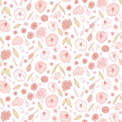 Floral vector seamless pattern with  flowers and leaves. Beautiful hand drawn flowers in  light pastel colors in vintage style.