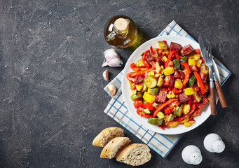Pisto manchego on a white plate, top view