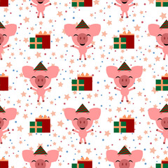 Vector seamless background. Happy birthday. Funny pig cartoon emoji characte.