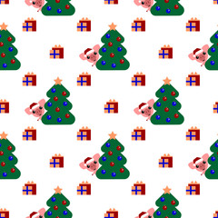 Vector seamless background. Cute pig looks out from behind a tree with balls. Funny character with presents.