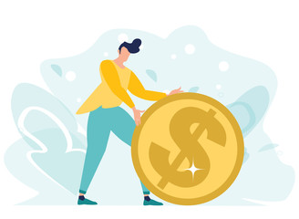 Businessman pushing gold dollar coin. Financial success. Earning, saving and investing money concept. Financial Secure, profit, salary wealth. Vector illustration in a flat cartoon style.
