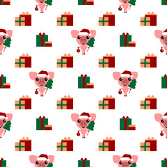Vector seamless background. Cartoon pig and presents. Cute piglet with christmas tree and new year ball.