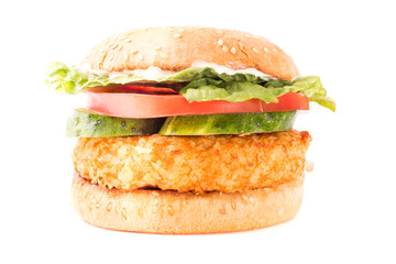 Delicious fast food. Big cheeseburger isolated on white background