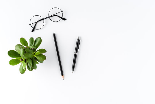 Office desktop with pens, eyeglasses and succulent. Business background