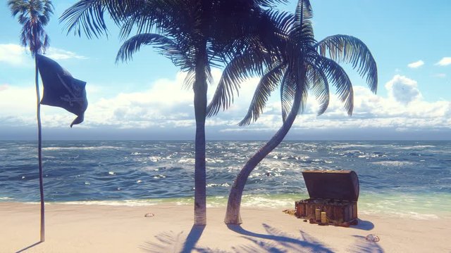 Sand, sea, sky, clouds, palm trees and summer day. Pirate island, chest of gold and pirate flag fluttering in the wind. Beautiful loop background.