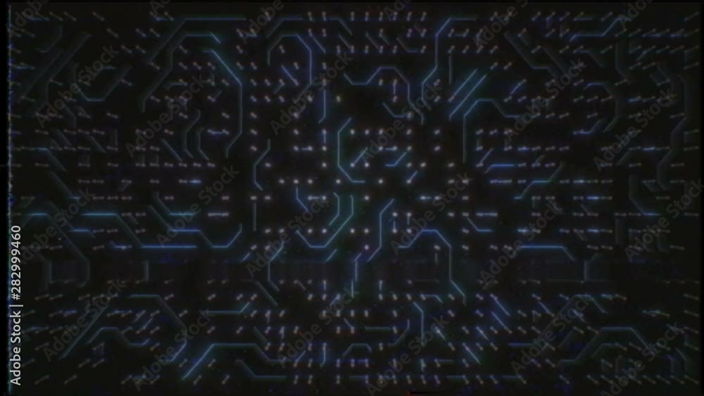 Poster a computer generated animation of a computer motherboard with static noise. glitch in the computer b