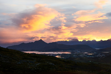 Sunset over mountains on Lofoten Islands in Norway