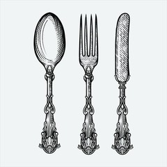 Vector illustration of vintage spoon fork and knife made in hand drawn sketch style