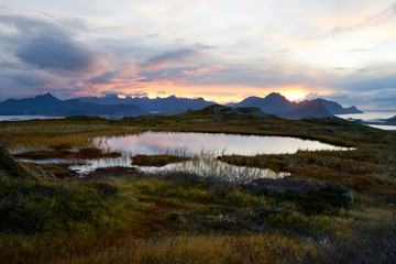 Sunset over mountains on Lofoten Islands in Norway