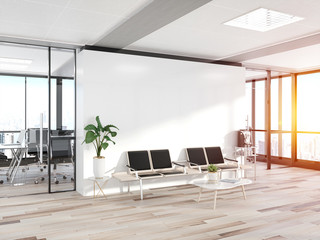 Blank white wall in concrete waiting room with large windows Mockup 3D rendering