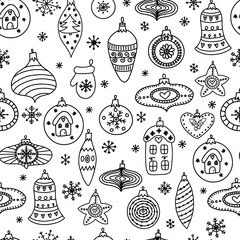 Seamless pattern with hand-drawn Christmas ball toys.