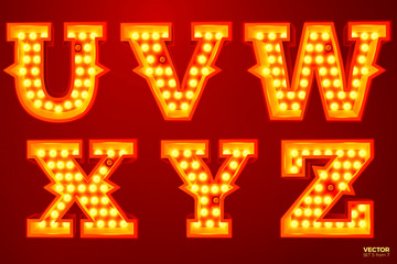 Fototapeta na wymiar Vector realistic glowing letters with lamps, for circus, movie etc. signs. U, V, W, X, Y, Z letters include (search other in portfolio).