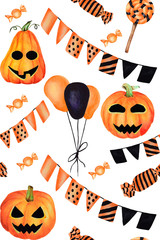 Seamless Halloween hand drawn  watercolor pattern. Orange, yellow, black colors. Pumpkins, sweets, baloon on white background for your design