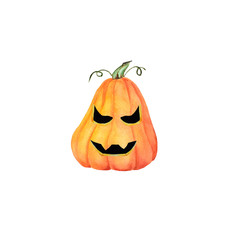 Halloween pumpkin Jack, isolated object on the white background, watercolor hand drawn illustration, cartoon characte