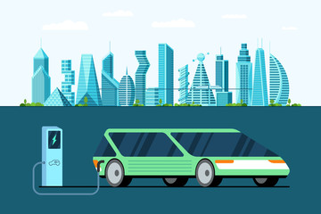 Green electric car at refuelling power charging station on future city. Modern e-vehicle technology and environment care concept. Flat vector illustration
