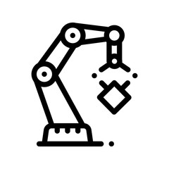 Mechanic Robot Transportation Crane Vector Icon Sign Thin Line. Artificial Intelligence Robot Detail Arm For Moving Box Linear Pictogram. Fingerprint, Microchip, Assembly Contour Illustration