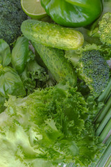Healthy green vegetables: broccoli and cucumbers, lettuce, onions and peppers