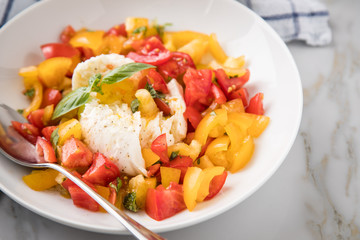 Mozzarella Kugel mit roten und gelben Tomaten, Basilikum und Olivenöl auf Teller auf Marmor Hintergrund