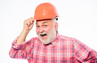 build and construction. professional repairman in helmet. architect repair and fix. engineer worker career. mature bearded man in hard hat. man builder isolated on white. professional skills