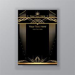 Art Deco page template, retro  style for web and print, city and the lights pattern with golden lines. Modern design for menu or flyer, luxury gentle 