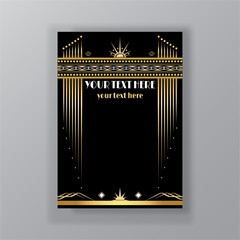 Art Deco page template, retro  style for web and print, city and the lights pattern with golden lines. Modern design for menu or flyer, luxury gentle 