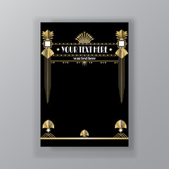 Art Deco page template, retro  style for web and print, city and the lights pattern with golden lines. Modern design for menu or flyer, luxury gentle 