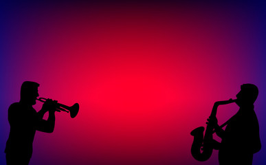 Trumpet and saxophone player duet, playing jazz, blues, swing or love songs in a dim night bar. Silhouette vector illustration on blue and red background.