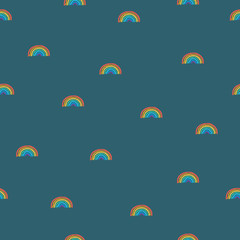 Rainbows pattern on lush background. Cute seamless pattern, cartoon vector illustration for fabric, background, wallpaper, scrapbooking projects for kids. Surface pattern design. 
