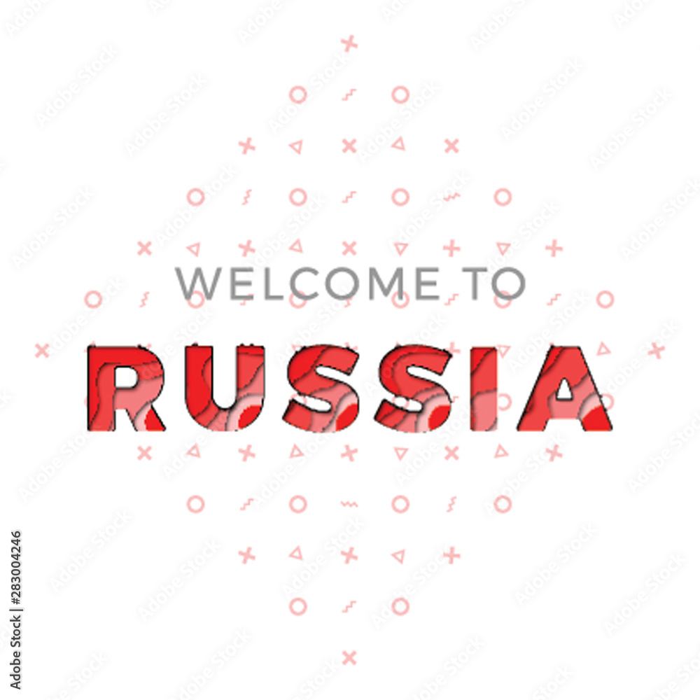 Poster welcome to russia banner design layout with paper cut layered text and memphis pattern for greeting 